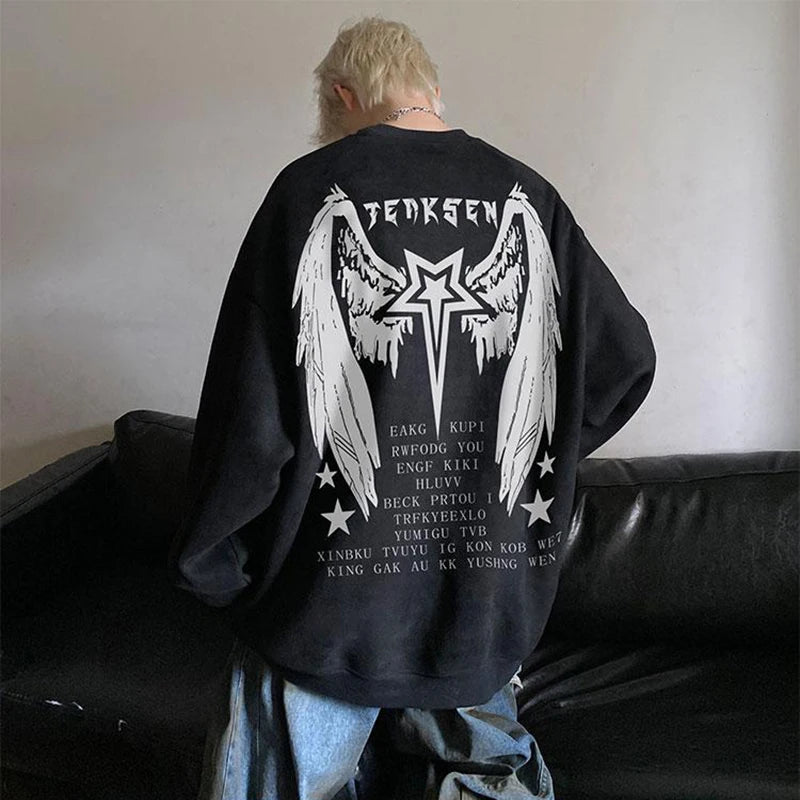 High Street Men Sweatshirt Angel Wing Graphic Printed Gothic Style Pullover Sweatshirts Oversize Baggy Hip Hop Round Neck Hoodie