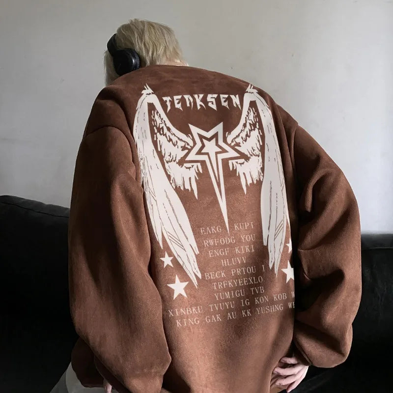 High Street Men Sweatshirt Angel Wing Graphic Printed Gothic Style Pullover Sweatshirts Oversize Baggy Hip Hop Round Neck Hoodie