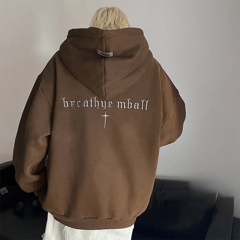 High Street Men Sweatshirt Hoodie Hip Hop Streetwear Loose Embroidered Letters Pullover Hooded 2024 Vintage Male Hoodies