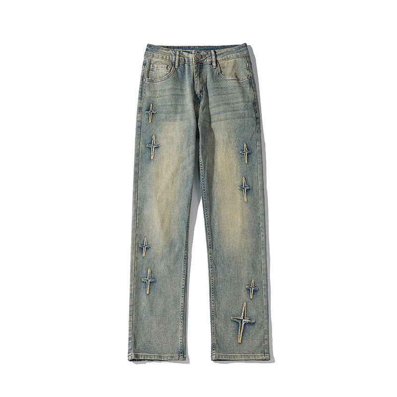 High Street Slim Straight Trousers Tide Vintage Washed Old Colour Stars Jeans Street Men's Denim Trousers 2024 Male Pants