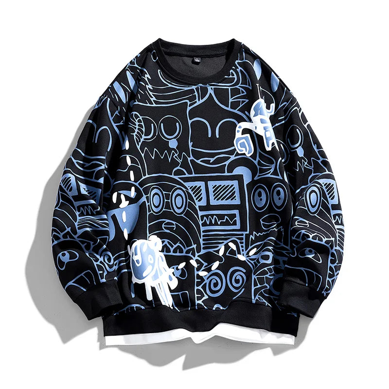 Hipster Menswear Graffiti Sweatshirt Patchwork False Two Piece Long Sleeve Sweatshirt Crewneck Sweatshirts Couple Clothing