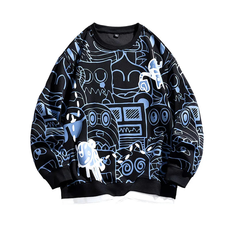 Hipster Menswear Graffiti Sweatshirt Patchwork False Two Piece Long Sleeve Sweatshirt Crewneck Sweatshirts Couple Clothing