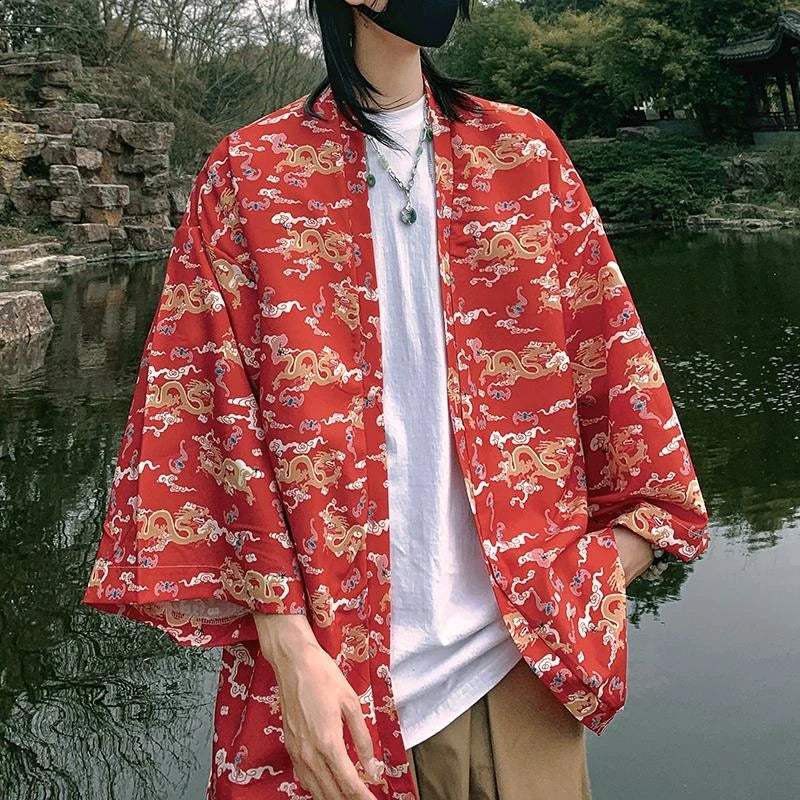 Japanese Style Men's Lightweight Kimono Jacket Dragon Print Kimono Cardigan New Arrival Street Shirt Harajuku Kimono Couple Tops