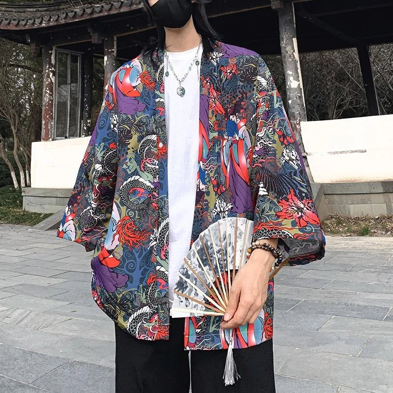 Japanese Style Men's Lightweight Kimono Jacket Dragon Print Kimono Cardigan New Arrival Street Shirt Harajuku Kimono Couple Tops