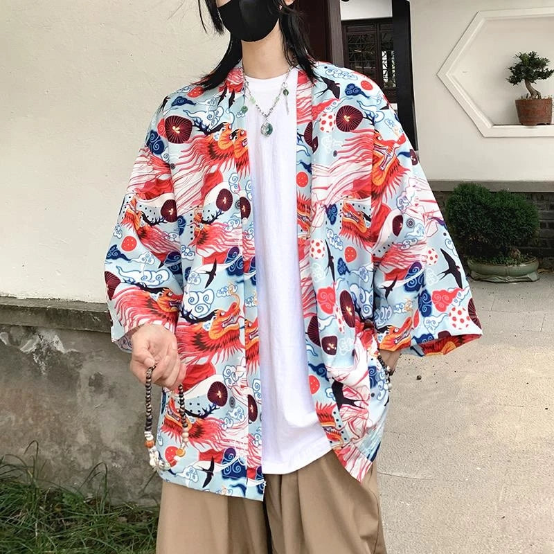 Japanese Style Men's Lightweight Kimono Jacket Dragon Print Kimono Cardigan New Arrival Street Shirt Harajuku Kimono Couple Tops