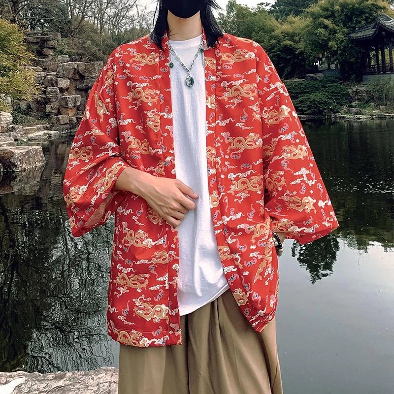 Japanese Style Men's Lightweight Kimono Jacket Dragon Print Kimono Cardigan New Arrival Street Shirt Harajuku Kimono Couple Tops