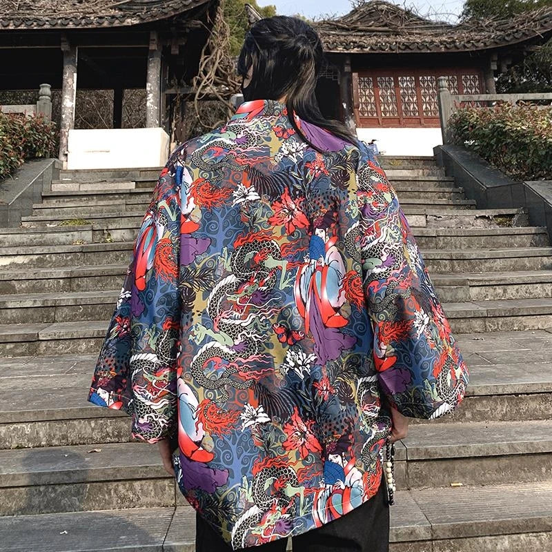 Japanese Style Men's Lightweight Kimono Jacket Dragon Print Kimono Cardigan New Arrival Street Shirt Harajuku Kimono Couple Tops