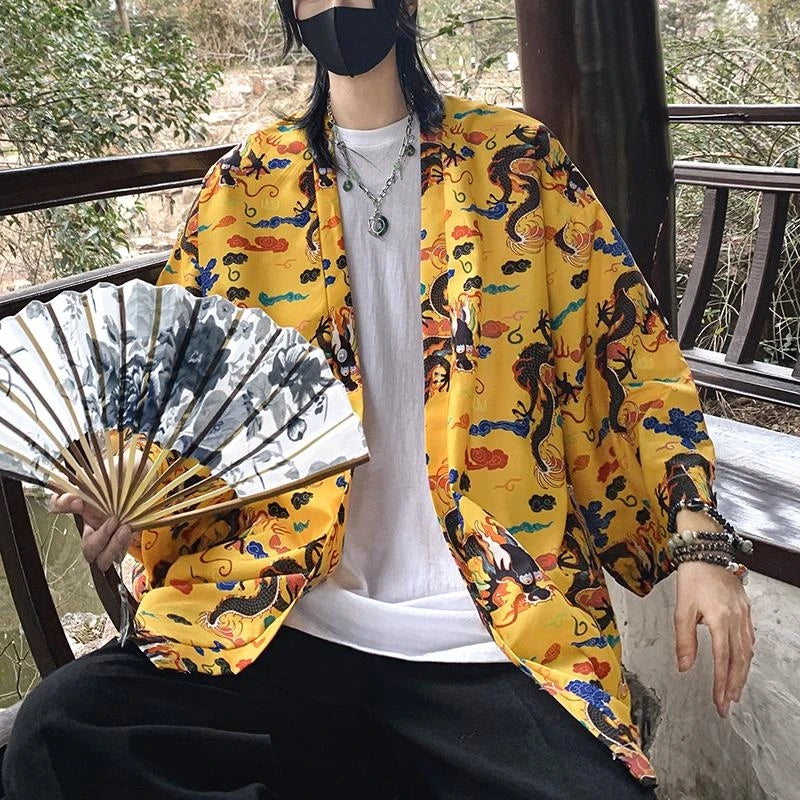 Japanese Style Men's Lightweight Kimono Jacket Dragon Print Kimono Cardigan New Arrival Street Shirt Harajuku Kimono Couple Tops