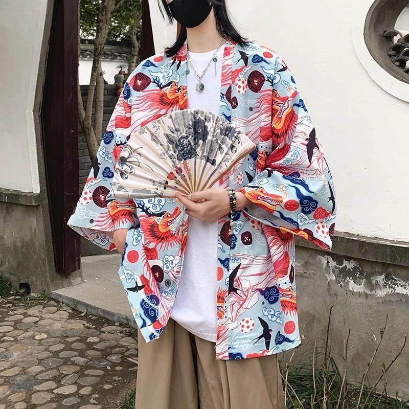 Japanese Style Men's Lightweight Kimono Jacket Dragon Print Kimono Cardigan New Arrival Street Shirt Harajuku Kimono Couple Tops