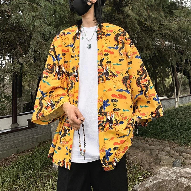 Japanese Style Men's Lightweight Kimono Jacket Dragon Print Kimono Cardigan New Arrival Street Shirt Harajuku Kimono Couple Tops