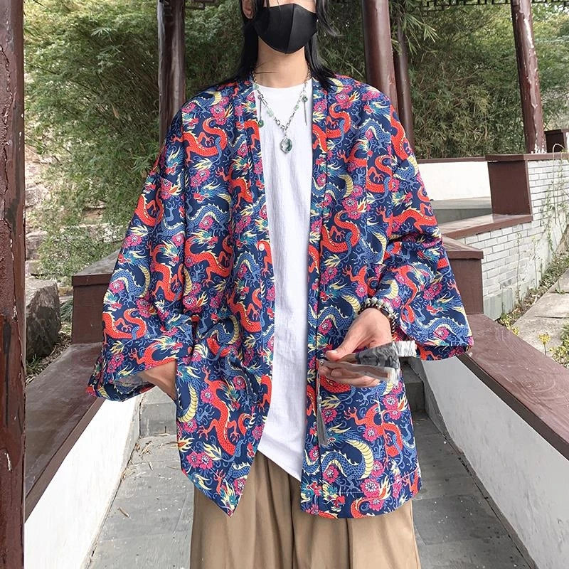 Japanese Style Men's Lightweight Kimono Jacket Dragon Print Kimono Cardigan New Arrival Street Shirt Harajuku Kimono Couple Tops