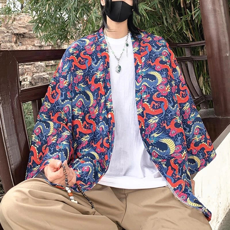 Japanese Style Men's Lightweight Kimono Jacket Dragon Print Kimono Cardigan New Arrival Street Shirt Harajuku Kimono Couple Tops