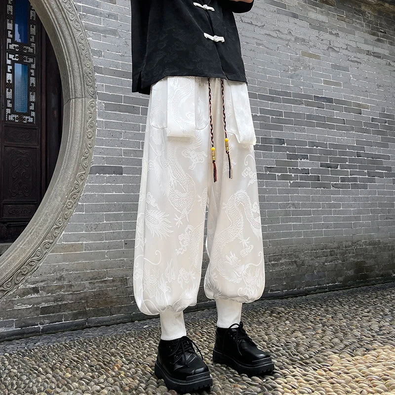 Japanese Style Pants Satin Material Dragon Pattern Harlan Pants Drawstring Elastic Waist Baggy Trousers