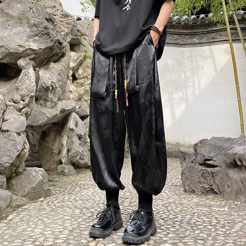 Japanese Style Pants Satin Material Dragon Pattern Harlan Pants Drawstring Elastic Waist Baggy Trousers