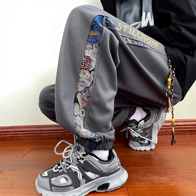 Korean Side Piping Bear Embroidery Casual Pants 2024 New Men's Sports Trousers Waffle Fabric Comfortable Jogging Trousers