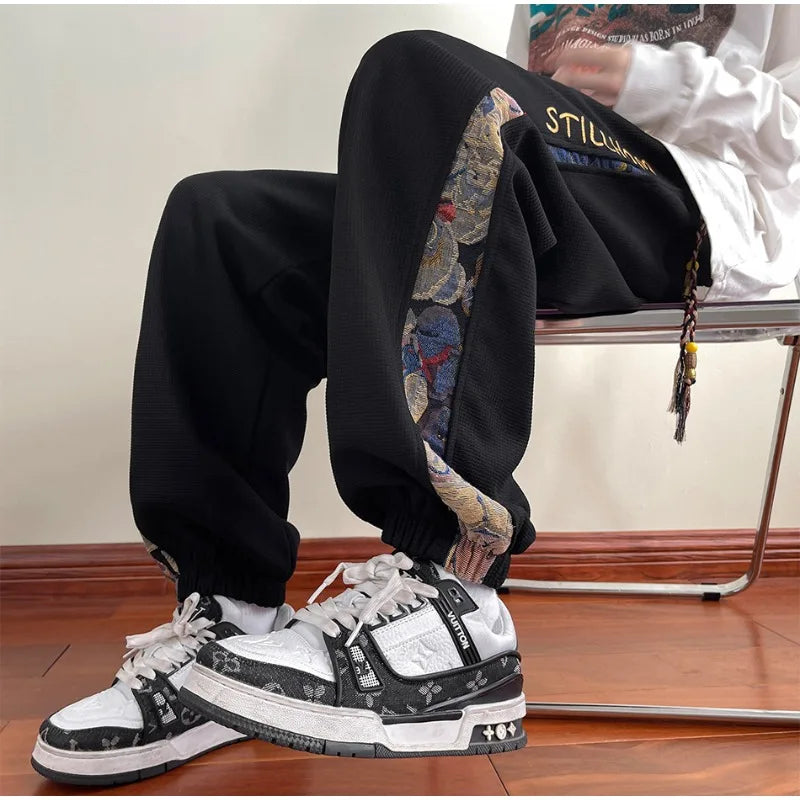 Korean Side Piping Bear Embroidery Casual Pants 2024 New Men's Sports Trousers Waffle Fabric Comfortable Jogging Trousers