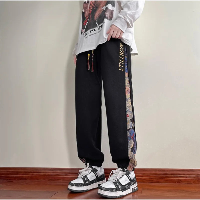 Korean Side Piping Bear Embroidery Casual Pants 2024 New Men's Sports Trousers Waffle Fabric Comfortable Jogging Trousers