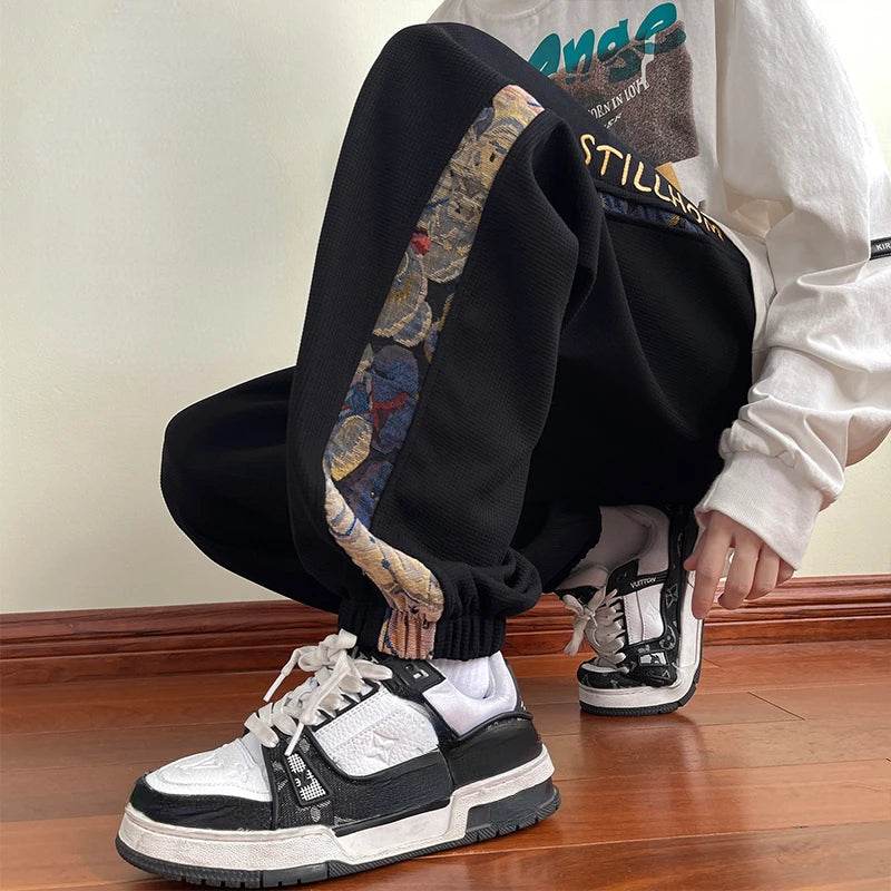 Korean Side Piping Bear Embroidery Casual Pants 2024 New Men's Sports Trousers Waffle Fabric Comfortable Jogging Trousers