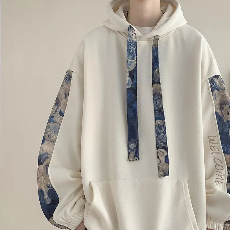 Korean Style Streetwear Men Hooded Sweatshirt Trendy Side Embroidery Design Loose Hoodie Casual Drawstring Hoodies