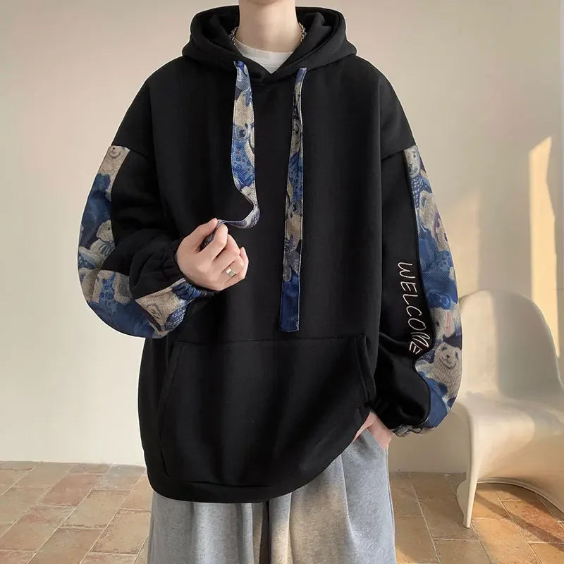 Korean Style Streetwear Men Hooded Sweatshirt Trendy Side Embroidery Design Loose Hoodie Casual Drawstring Hoodies