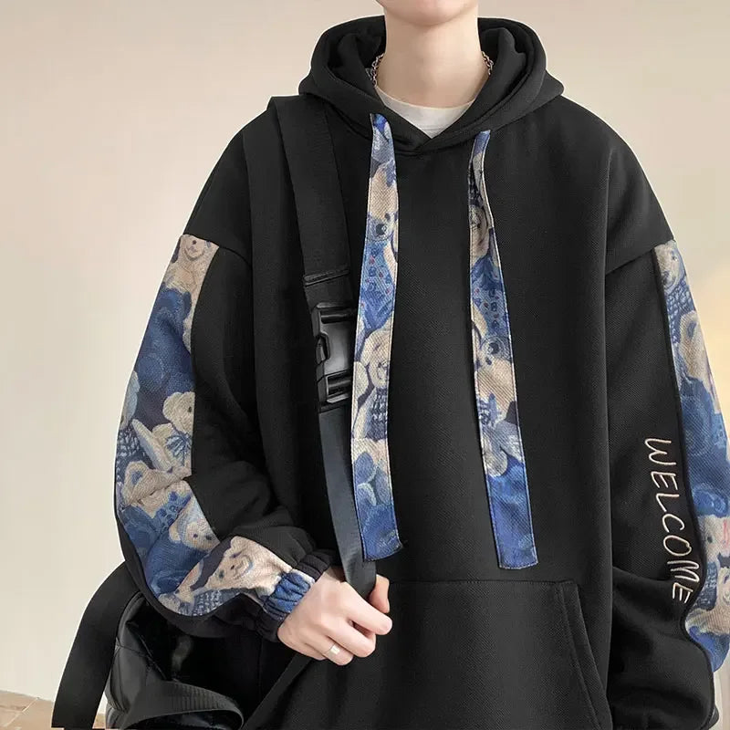 Korean Style Streetwear Men Hooded Sweatshirt Trendy Side Embroidery Design Loose Hoodie Casual Drawstring Hoodies