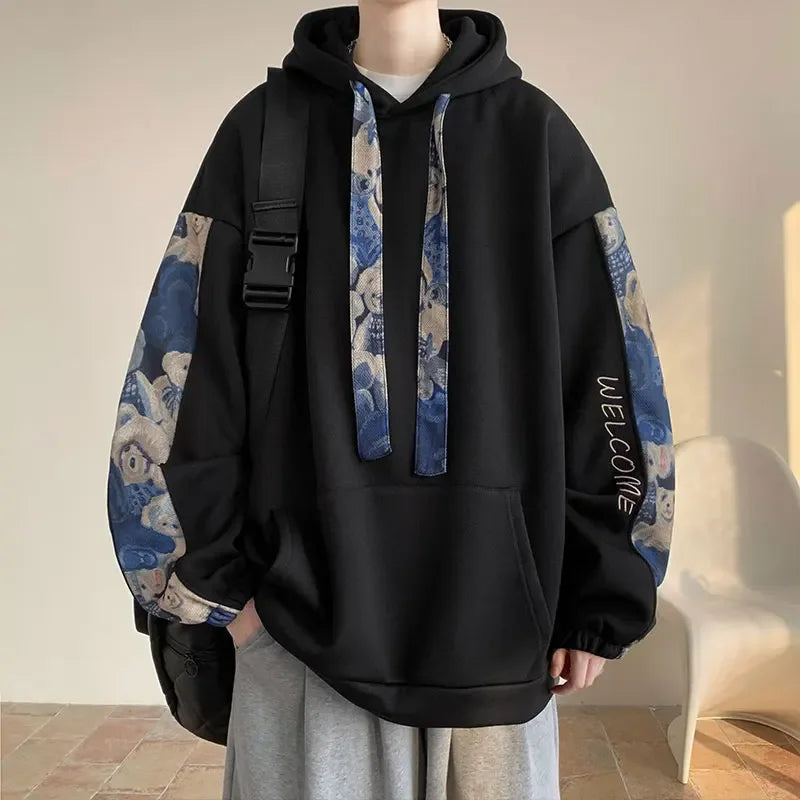 Korean Style Streetwear Men Hooded Sweatshirt Trendy Side Embroidery Design Loose Hoodie Casual Drawstring Hoodies