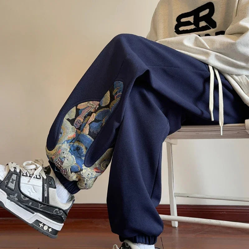 Men Baggy Sweatpants Hip-hop Jogger Pants Side Embroidery Straight Leg Pants Casual Sports Male Trousers