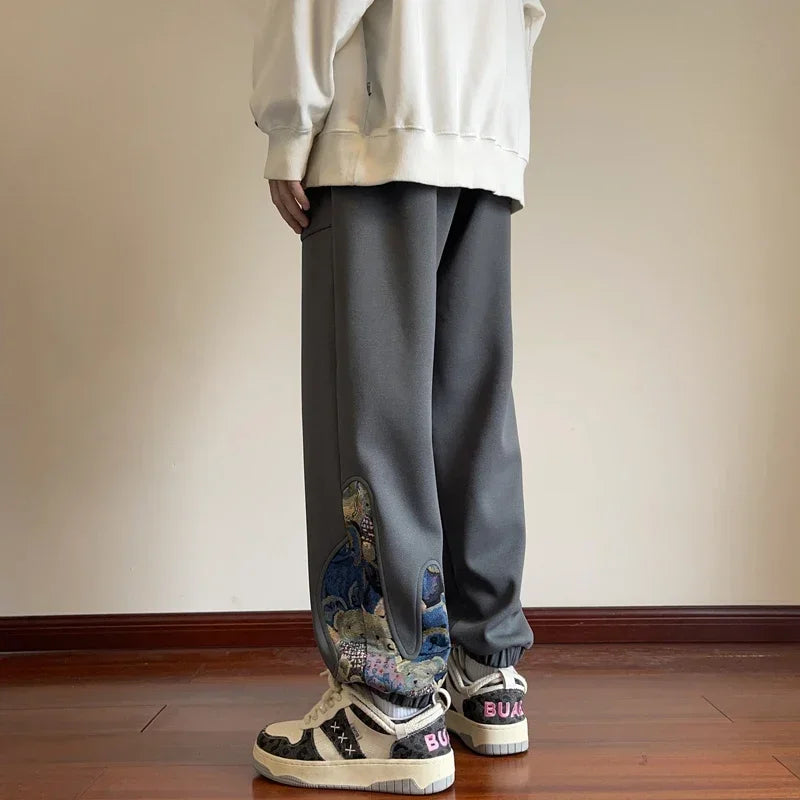 Men Baggy Sweatpants Hip-hop Jogger Pants Side Embroidery Straight Leg Pants Casual Sports Male Trousers