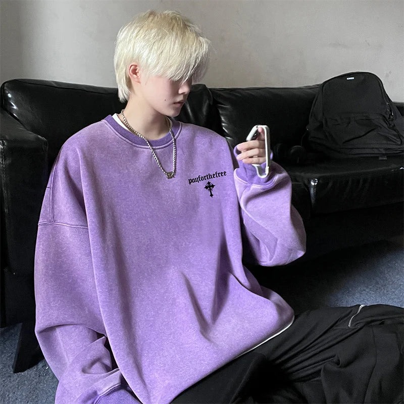 Men's Crewneck Baggy Sweatshirts Letter Print Long Sleeve Pullover Casual Vintage Tops Hip Hop Streetwear