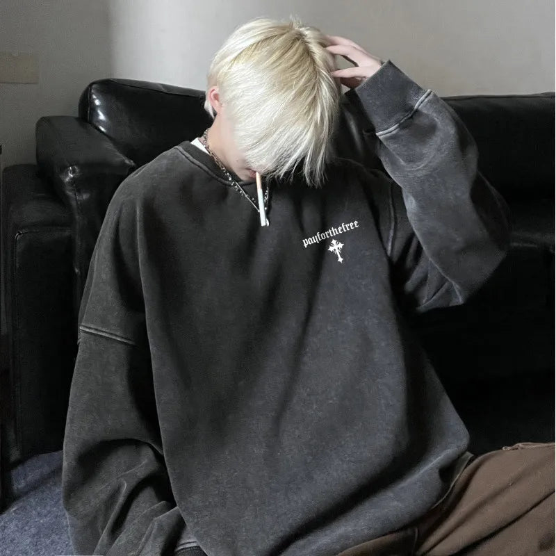 Men's Crewneck Baggy Sweatshirts Letter Print Long Sleeve Pullover Casual Vintage Tops Hip Hop Streetwear