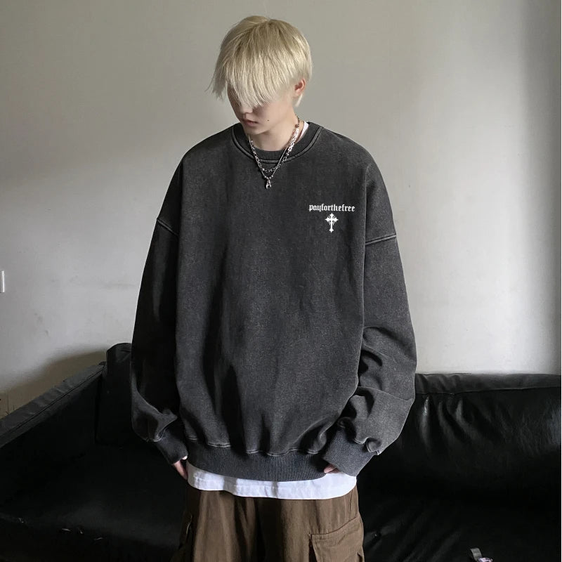 Men's Crewneck Baggy Sweatshirts Letter Print Long Sleeve Pullover Casual Vintage Tops Hip Hop Streetwear