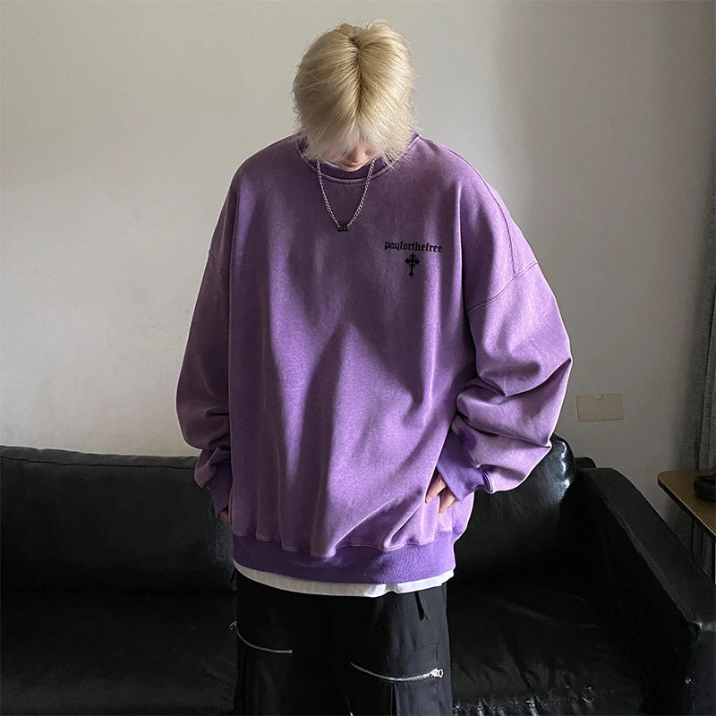 Men's Crewneck Baggy Sweatshirts Letter Print Long Sleeve Pullover Casual Vintage Tops Hip Hop Streetwear