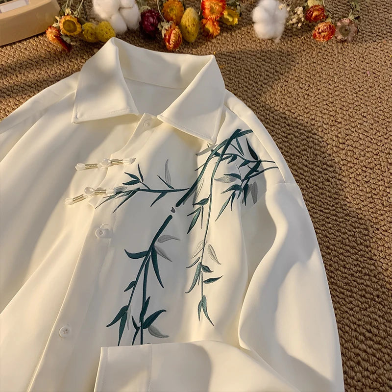 New Asian Style Shirt Men's White Shirt Bamboo Leaf Embroidery Shirt Plate Button Design Traditional Tang Clothing Elements