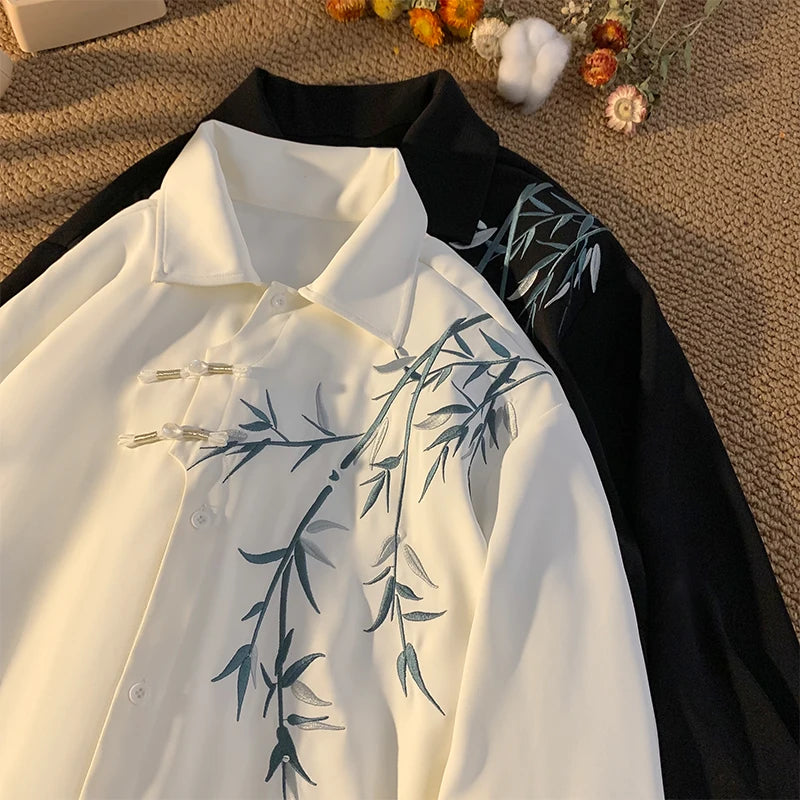 New Asian Style Shirt Men's White Shirt Bamboo Leaf Embroidery Shirt Plate Button Design Traditional Tang Clothing Elements