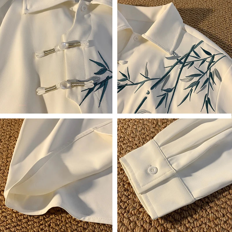 New Asian Style Shirt Men's White Shirt Bamboo Leaf Embroidery Shirt Plate Button Design Traditional Tang Clothing Elements