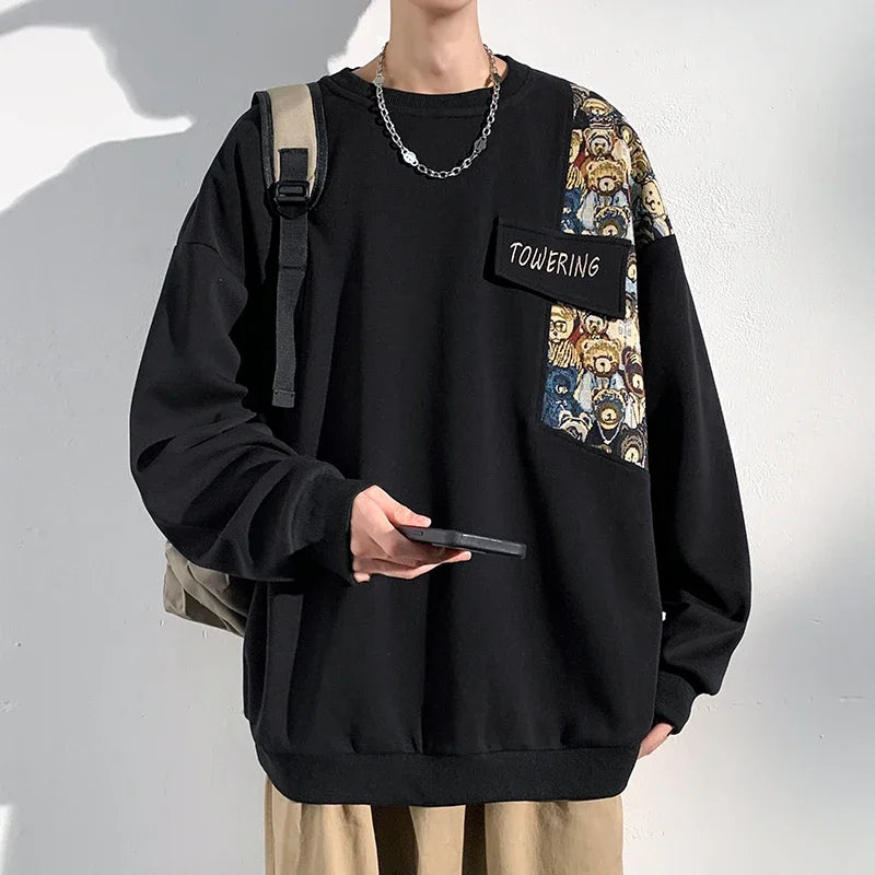 New Bear Embroidery Round Neck Sweatshirt Cartoon Round Neck Long Sleeve Top Trendy Loose Design Splicing Men Women Clothing