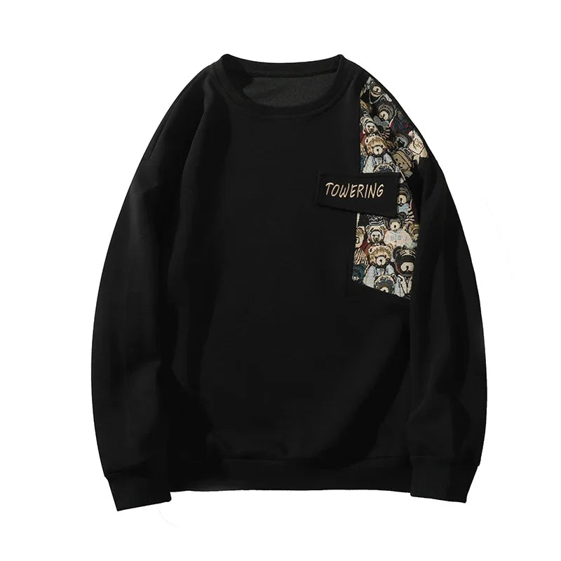 New Bear Embroidery Round Neck Sweatshirt Cartoon Round Neck Long Sleeve Top Trendy Loose Design Splicing Men Women Clothing