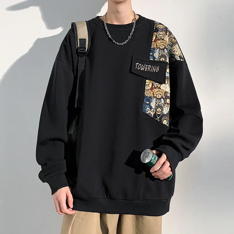 New Bear Embroidery Round Neck Sweatshirt Cartoon Round Neck Long Sleeve Top Trendy Loose Design Splicing Men Women Clothing