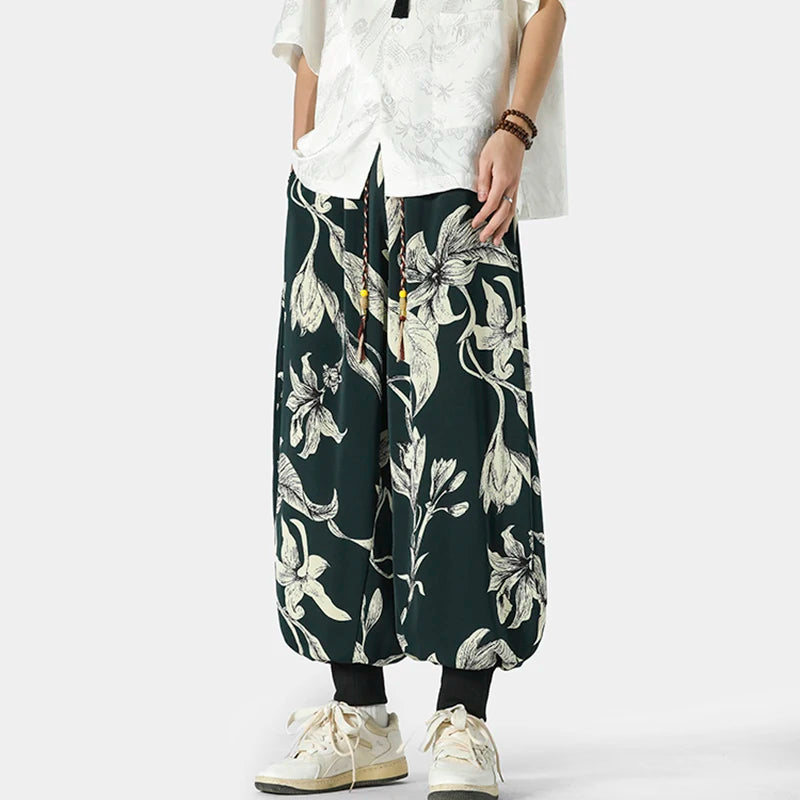 Retro Floral Pattern Harlan Pants Summer Thin Casual Pants for Men Asian Style Large Size Baggy Trousers