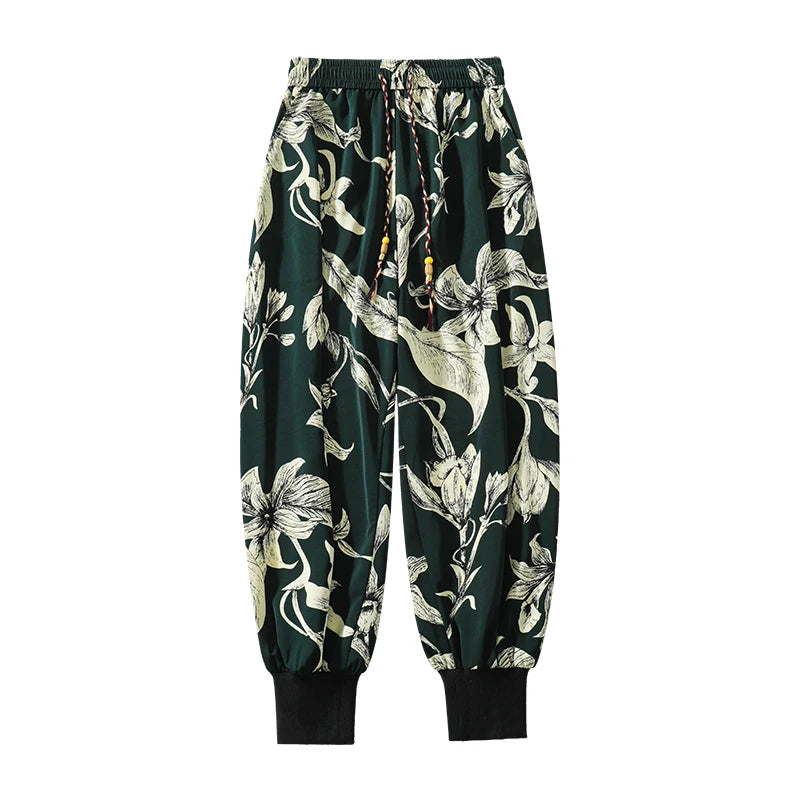 Retro Floral Pattern Harlan Pants Summer Thin Casual Pants for Men Asian Style Large Size Baggy Trousers