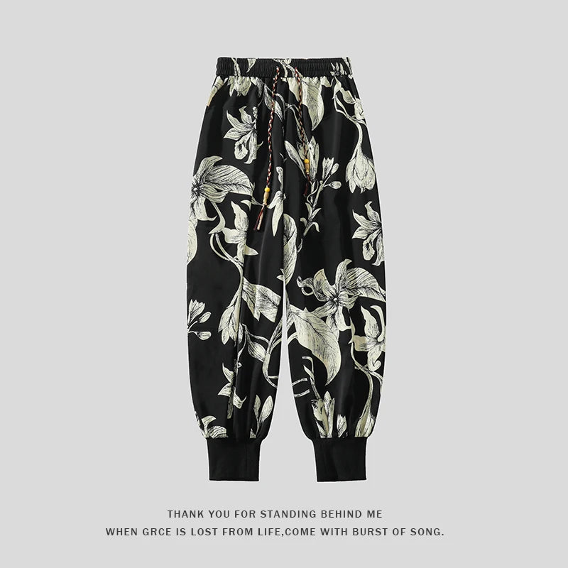 Retro Floral Pattern Harlan Pants Summer Thin Casual Pants for Men Asian Style Large Size Baggy Trousers