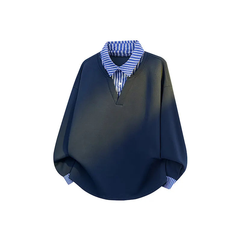 New Versatile Polo Shirt Fake Two Pieces Sweatshirt for Men Streetwear Long Sleeve Sweatshirts Contrast Pullover