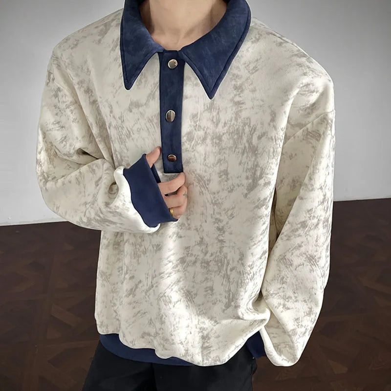 New Men's Casual Long-Sleeve Polo Shirt Color-Block Collar Loose-Fit Versatile Fashion Shirt Velvet Sweatshirt