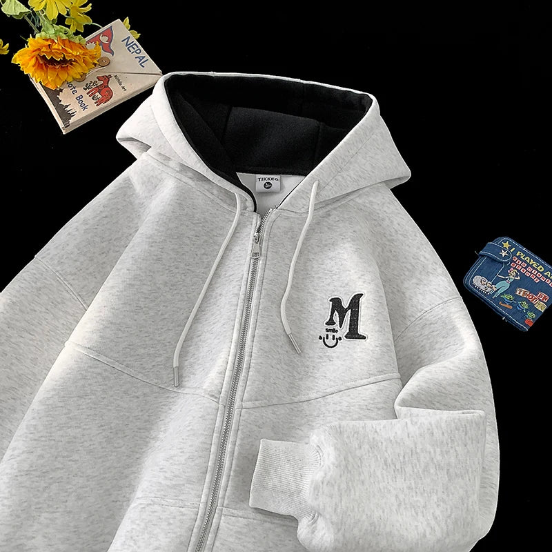 2025 Fall New American Retro Zipper Hooded Sweater Letters Embroidery Splicing Padded Jacket Oversize Street Style Trend Tops