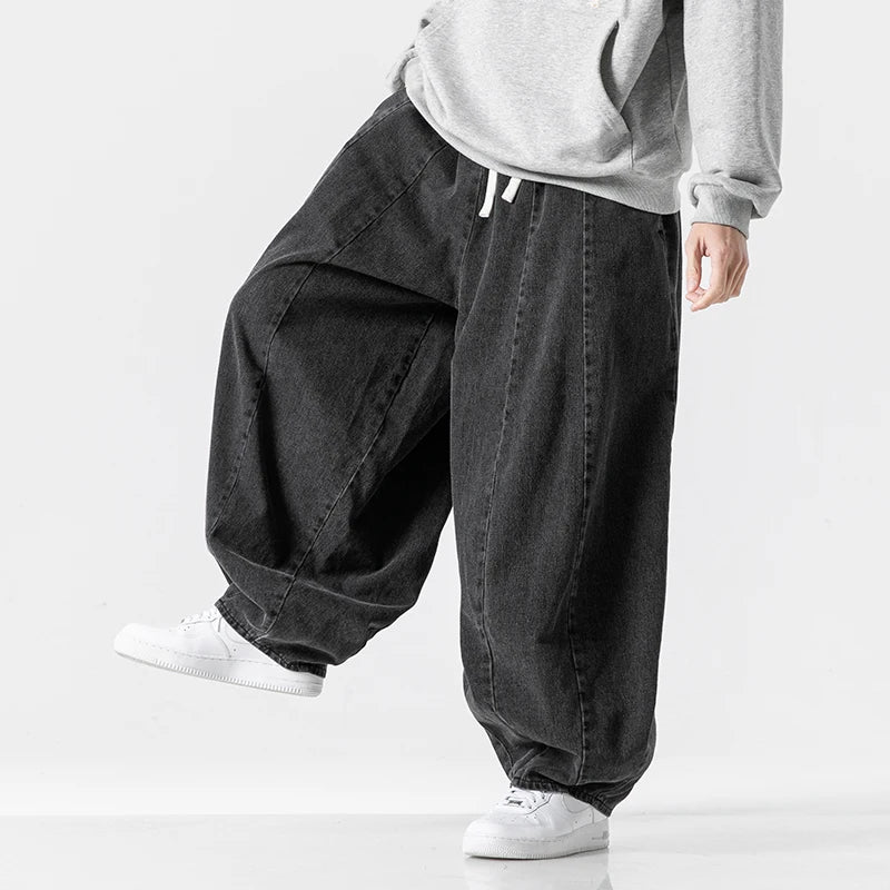 Mens Hip Hop Lantern Pants Baggy Denim Wide Leg Trousers Classic Solid Jean Pants Japanese Style Jeans Oversize Baggy Trousers