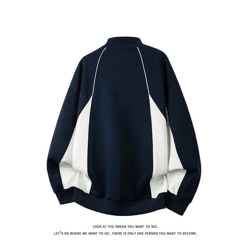 2025 New American Retro Collision POLO Collar Men's Sweatshirts Korean College Style Couples Clothing Autumn Casual Sweatshirt