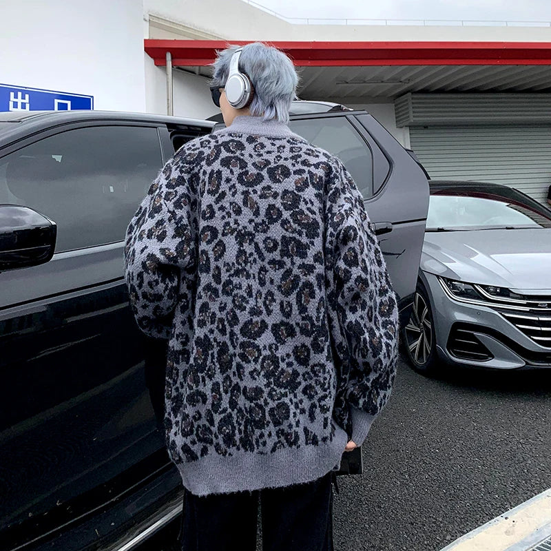 Retro Leopard Knit Cardigan Sweater Men's Jacket Korean Streetwear Popular Zipper Long Sleeve Knitwear Unisex Outwear