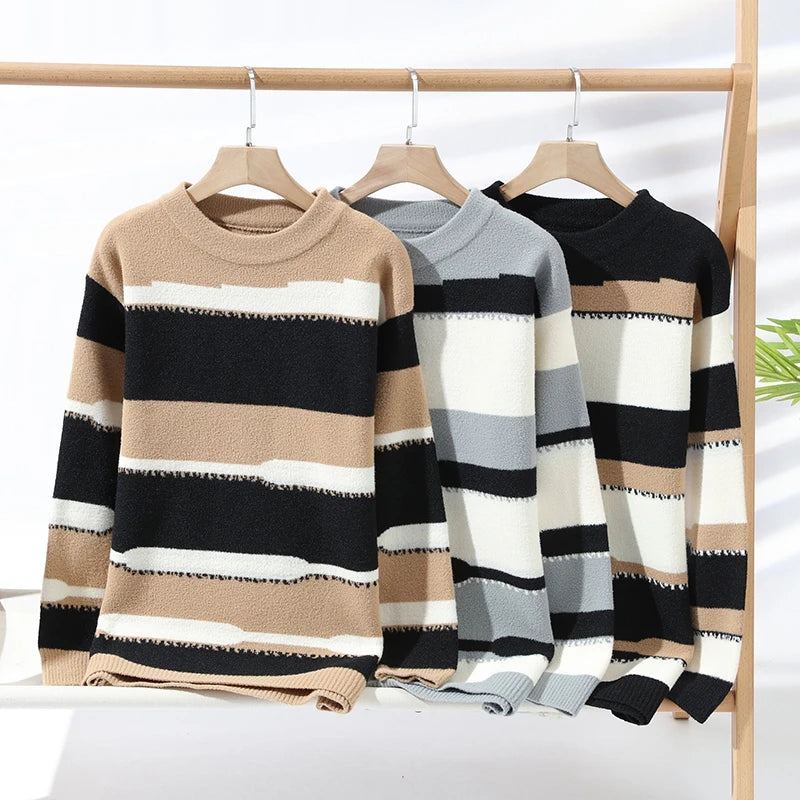 New Clashing Stripes Pullover Knit Sweater Fall Winter Warm Bottom Knit Round Neck Top Casual Unisex Sweater
