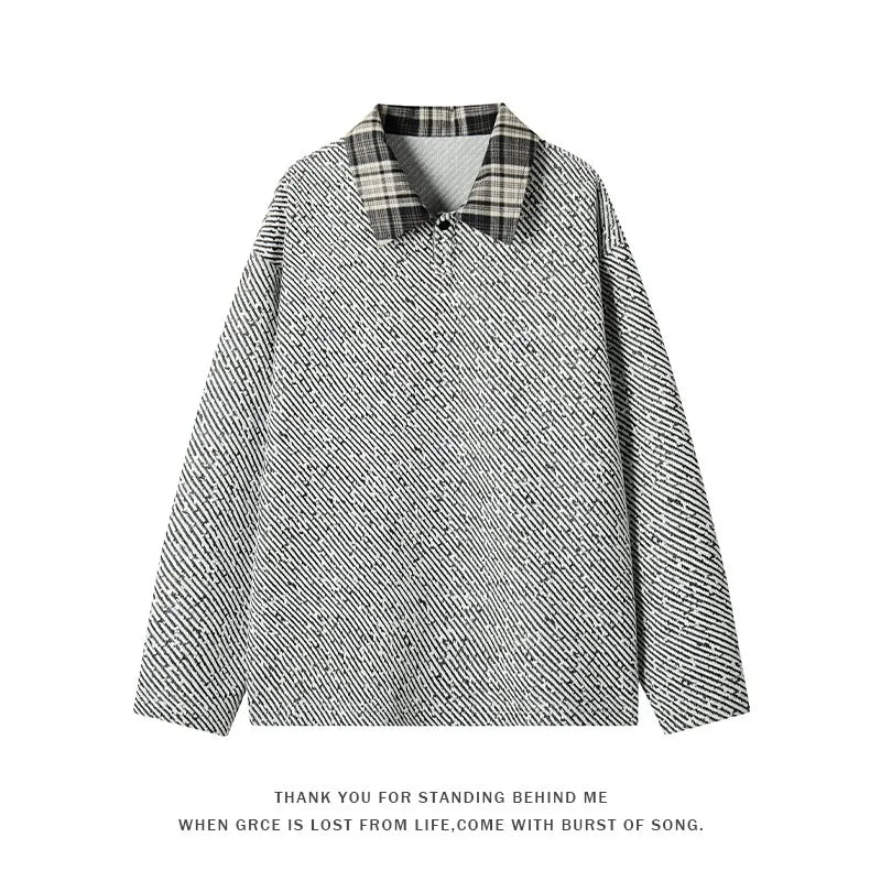 Retro Black White Checkered Splicing Striped Sweatshirts Loose Couples Clothing 2025 Autumn New Knit Sweatshirt Polo Shirt