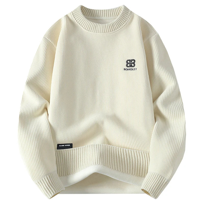 Embroidered Sweater Round Neck Thick Warm Knit Pullover Autumn Winter Plus Velvet Solid Color Casual Sweater.